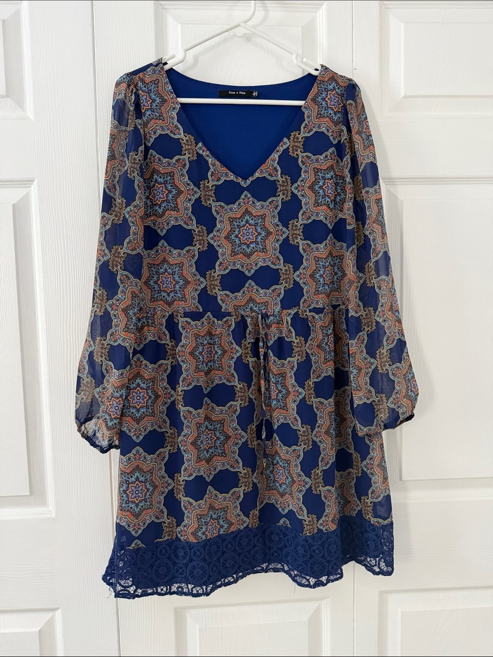 Doe & Rae Navy Medallion V-Neck Lace-Hem Dress